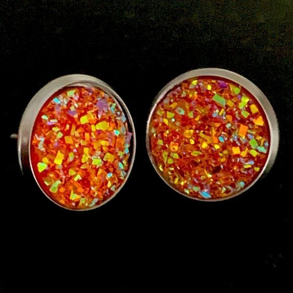 Men’s Crushed Orange Crystal Studs, Iced Out Hip Hop Round Faux Druzy Earrings - Picture 1 of 11